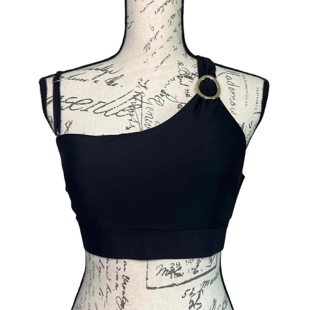 Time And Tru | Black Bikini Top w/ Gold Accent Piece - One Shoulder | Size M